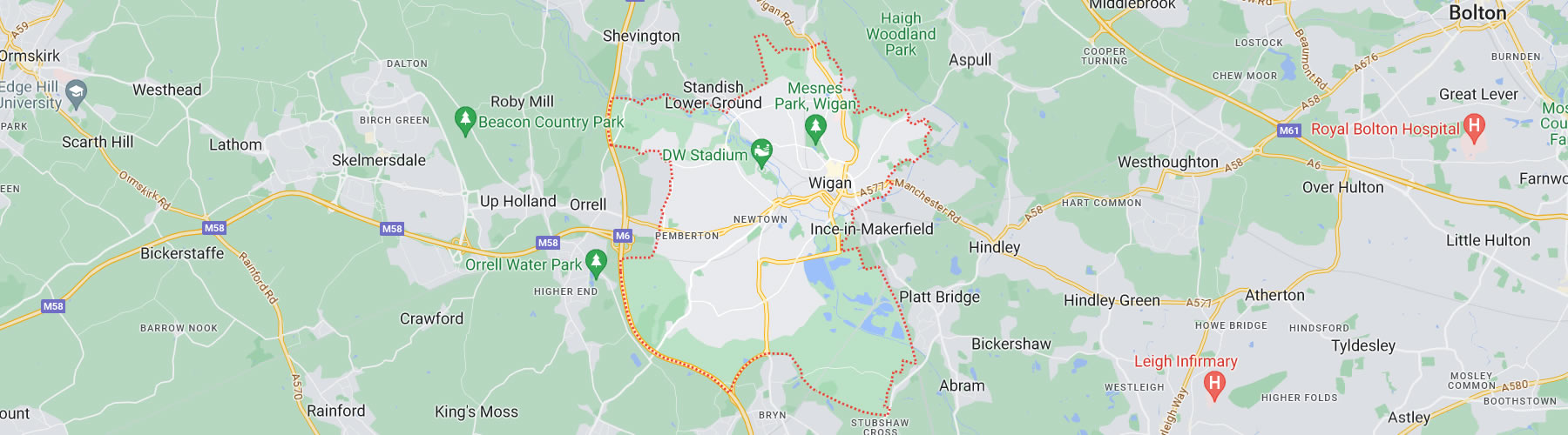 map of wigan area covered for oven cleaning in wigan