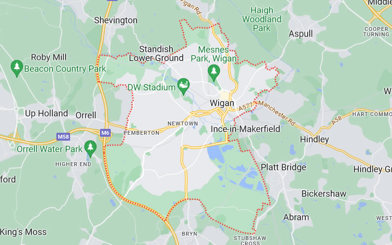 map of wigan area covered for oven cleaning wigan
